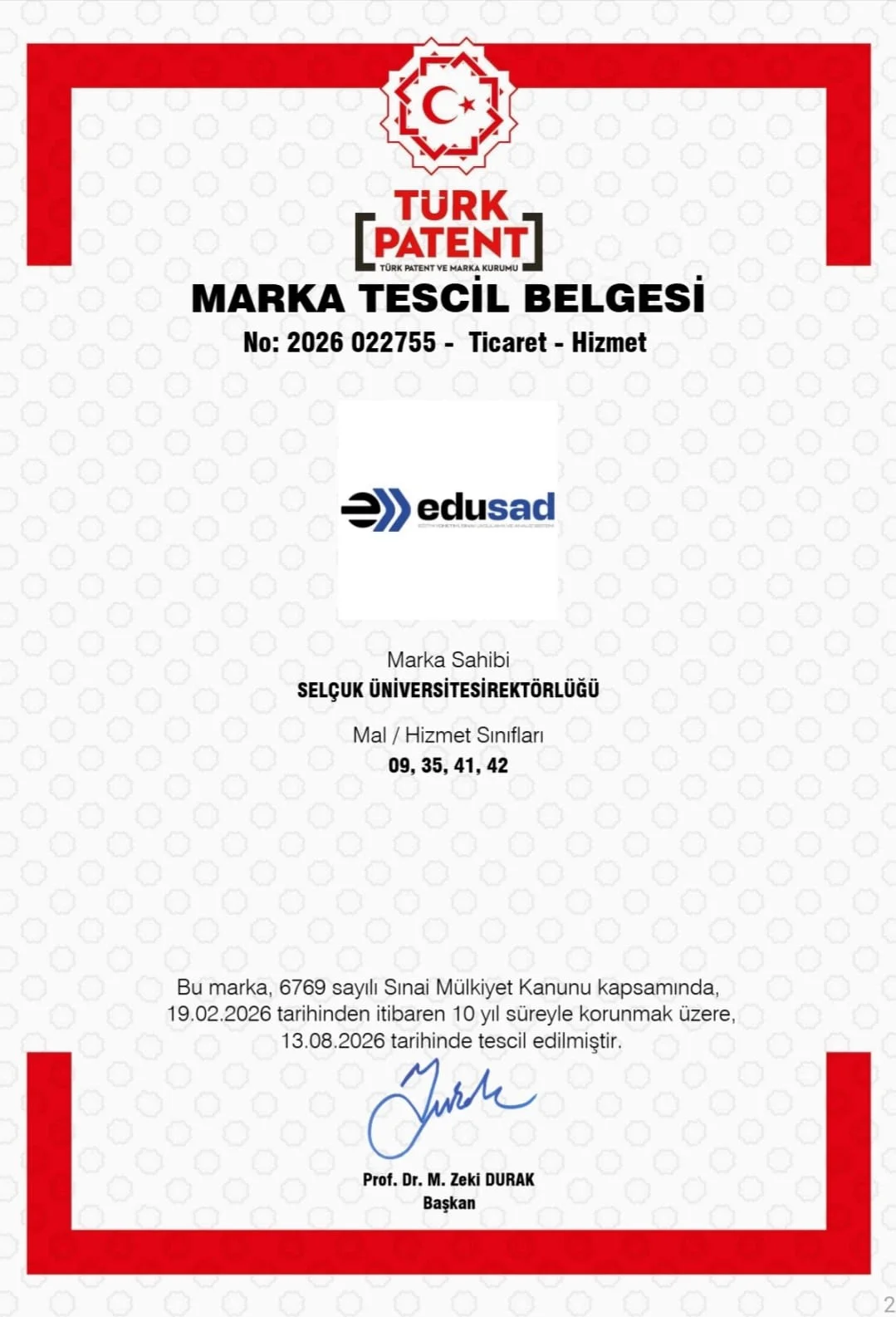 Selçuk Üniversitesinin ilk marka tescili: EDUSAD